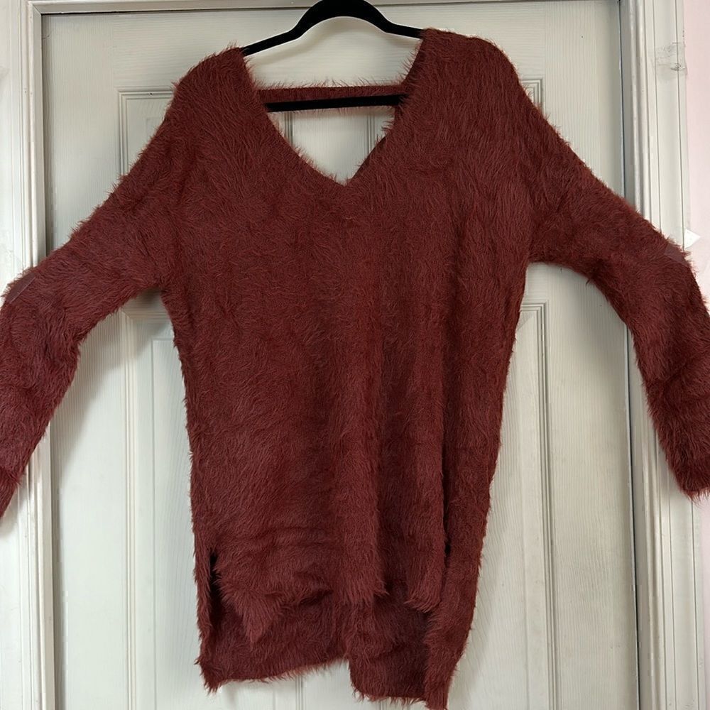 Kaisley Sweater Fluffy Furry V Neck Asymmetrical Hem
